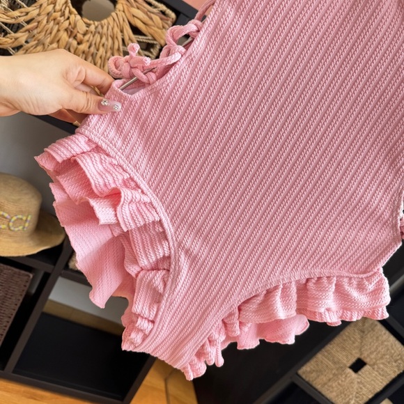 Miu Miu Pink Ruffle One-Piece Swimsuit with Floral Trim - Picture 7 of 10